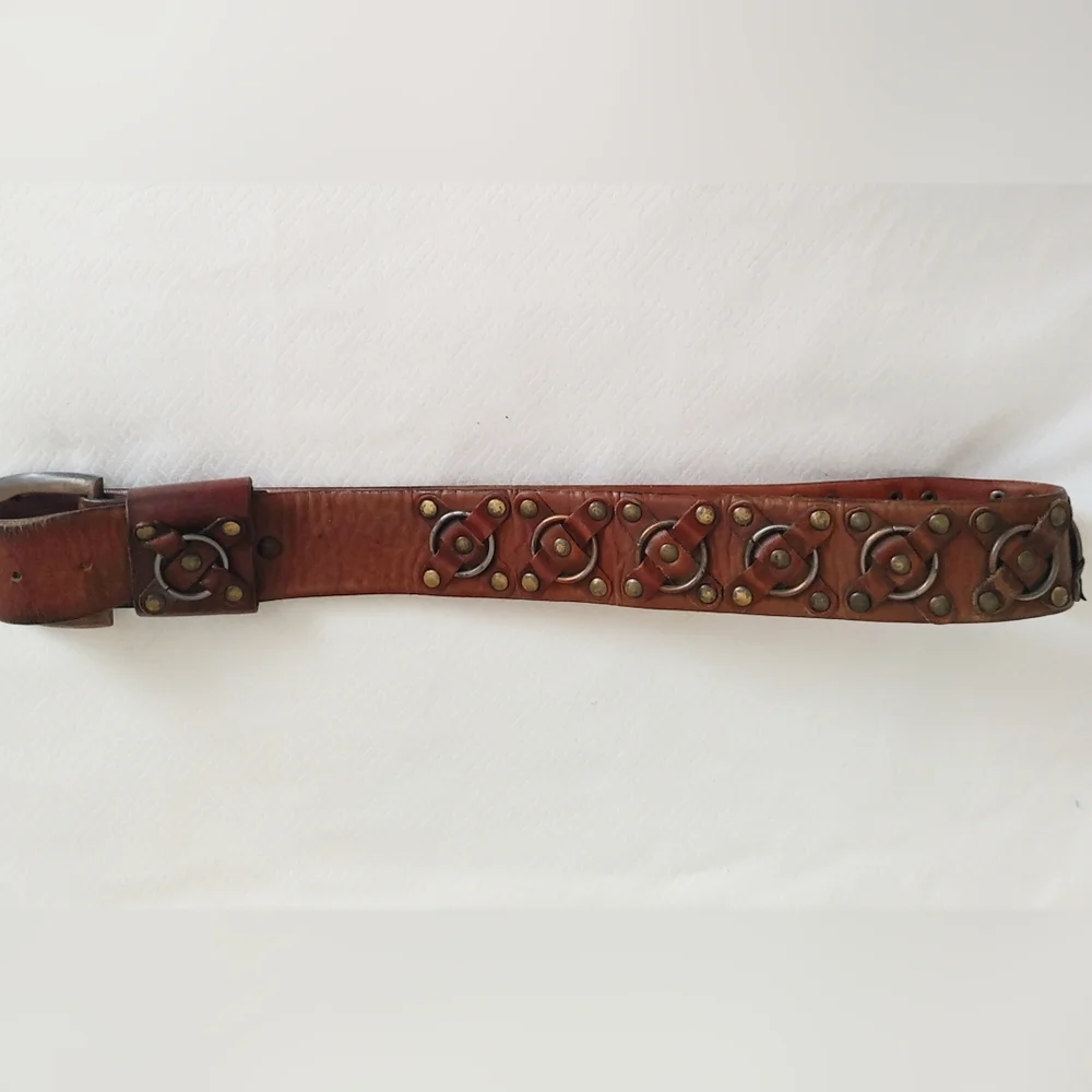 Brown Steerhide Leather Vintage Belt with Metal Accents Brass Buckle